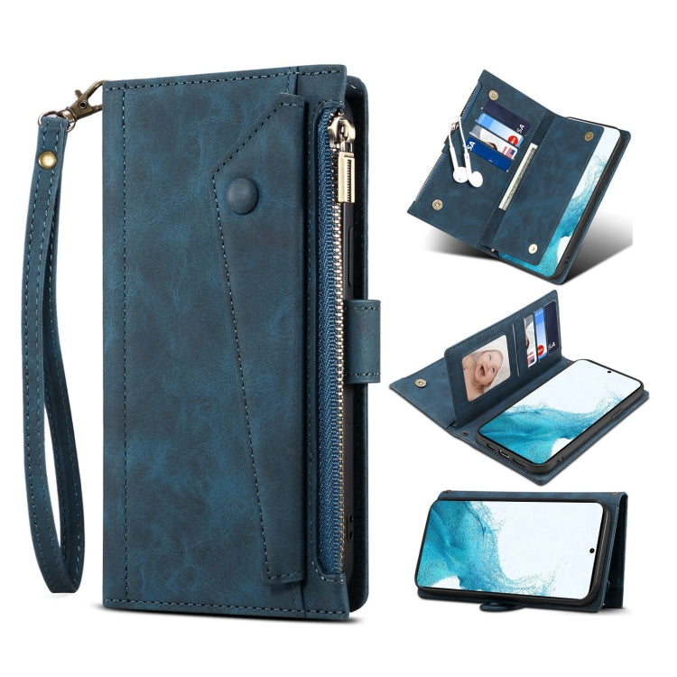 For Samsung Galaxy S22+ 5G Retro Frosted Horizontal Flip Leather Phone Case with Holder & Card Slot & Wallet & Zipper Pocket & Lanyard