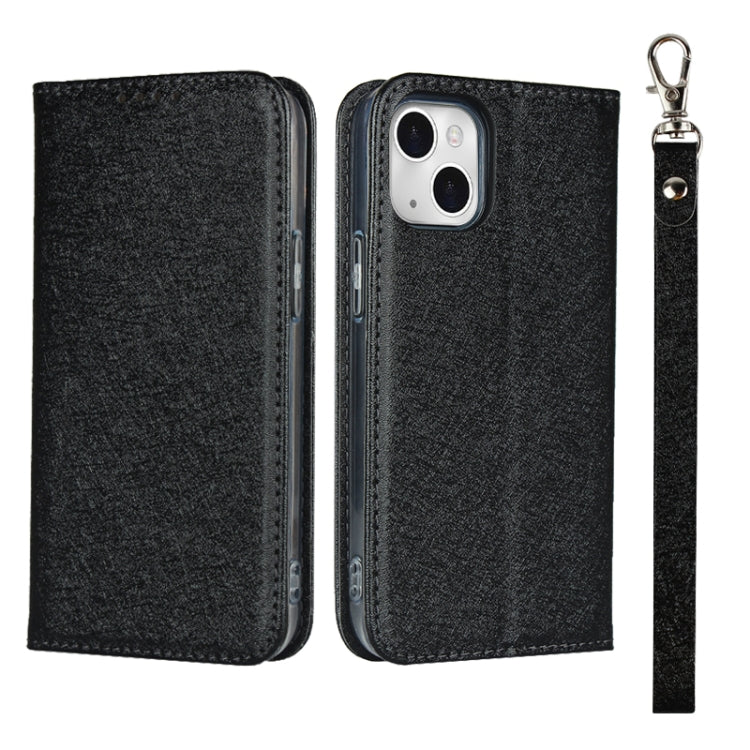 For iPhone 13 Silk Texture Horizontal Flip Phone Leather Case with lanyard
