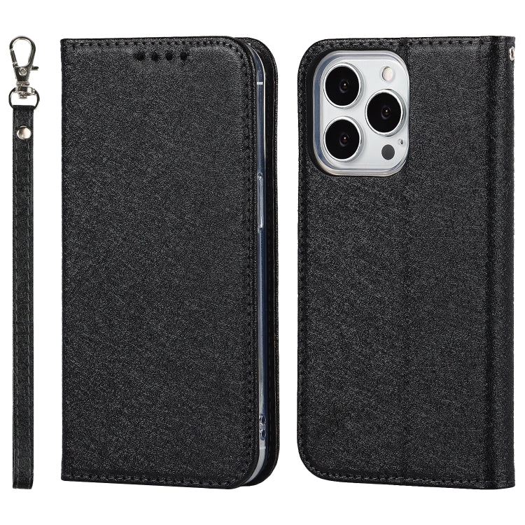 For iPhone 13 Pro Max Silk Texture Horizontal Flip Phone Leather Case with lanyard
