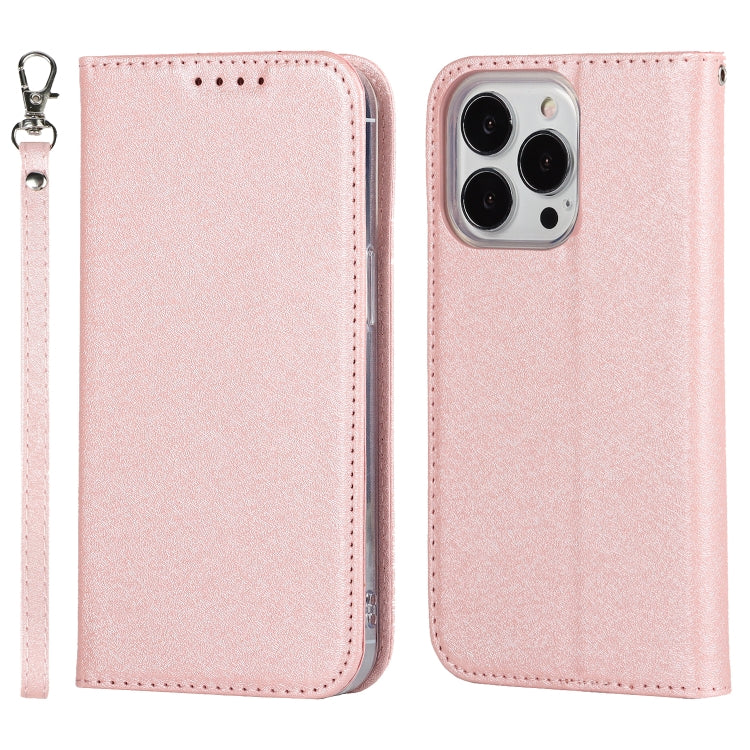 For iPhone 13 Pro Max Silk Texture Horizontal Flip Phone Leather Case with lanyard