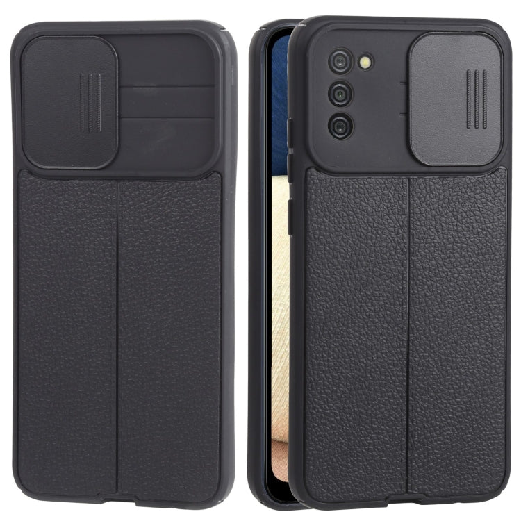 For Samsung Galaxy A02s / M02s Litchi Texture Sliding Camshield TPU Phone Case