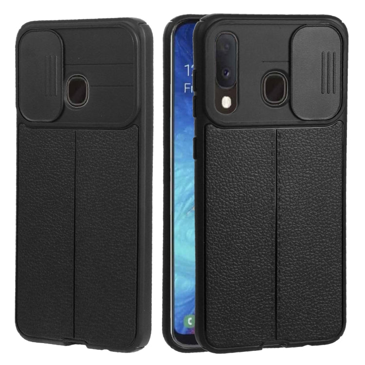 For Samsung Galaxy A20 / A30 Litchi Texture Sliding Camshield TPU Phone Case