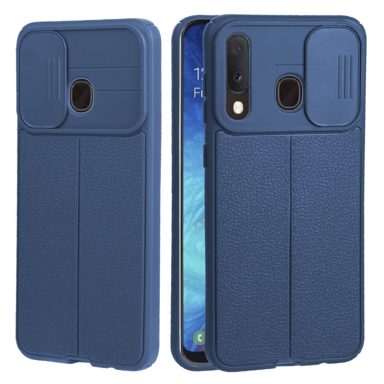For Samsung Galaxy A20 / A30 Litchi Texture Sliding Camshield TPU Phone Case