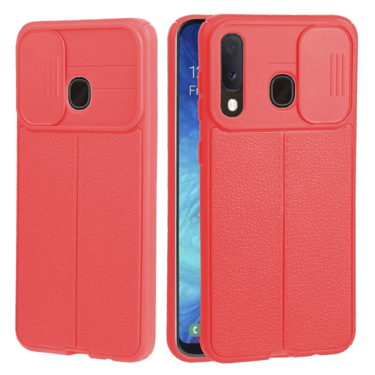 For Samsung Galaxy A20 / A30 Litchi Texture Sliding Camshield TPU Phone Case