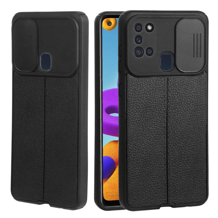 For Samsung Galaxy A21s Litchi Texture Sliding Camshield TPU Phone Case