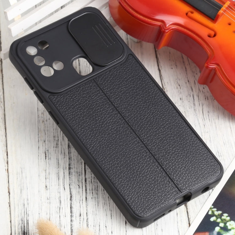 For Samsung Galaxy A21s Litchi Texture Sliding Camshield TPU Phone Case