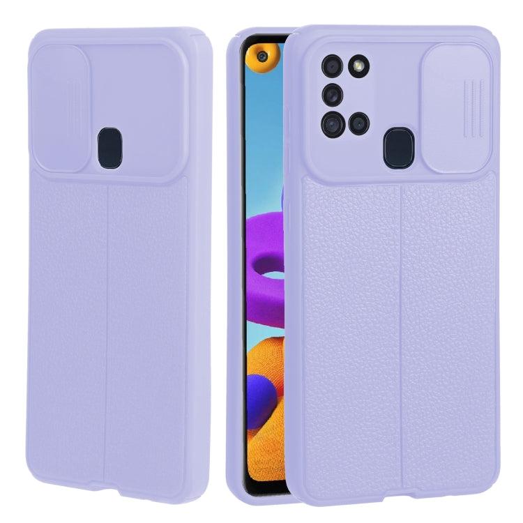 For Samsung Galaxy A21s Litchi Texture Sliding Camshield TPU Phone Case