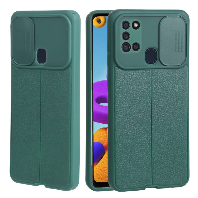 For Samsung Galaxy A21s Litchi Texture Sliding Camshield TPU Phone Case