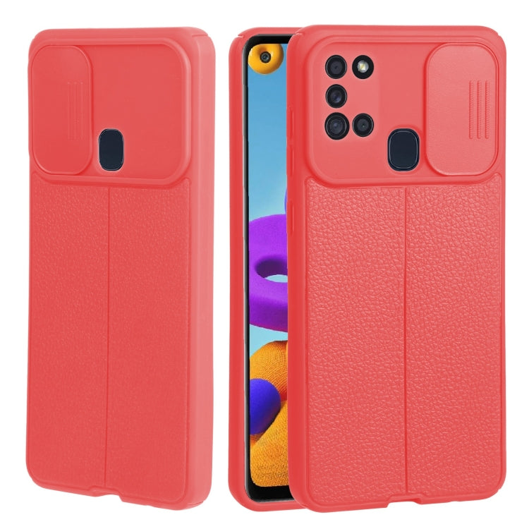 For Samsung Galaxy A21s Litchi Texture Sliding Camshield TPU Phone Case