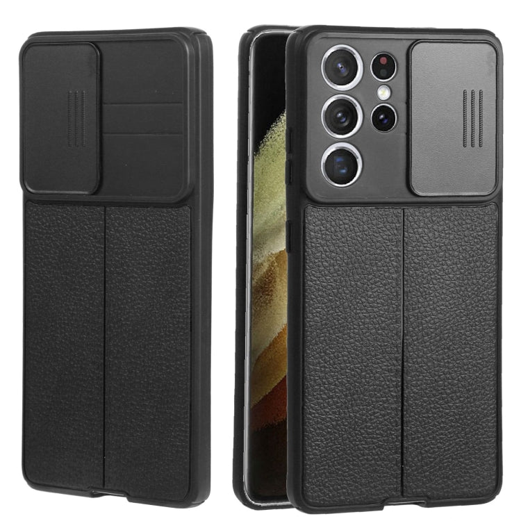For Samsung Galaxy S21 Ultra 5G Litchi Texture Sliding Camshield TPU Phone Case