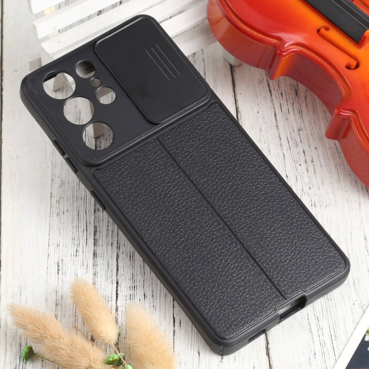 For Samsung Galaxy S21 Ultra 5G Litchi Texture Sliding Camshield TPU Phone Case