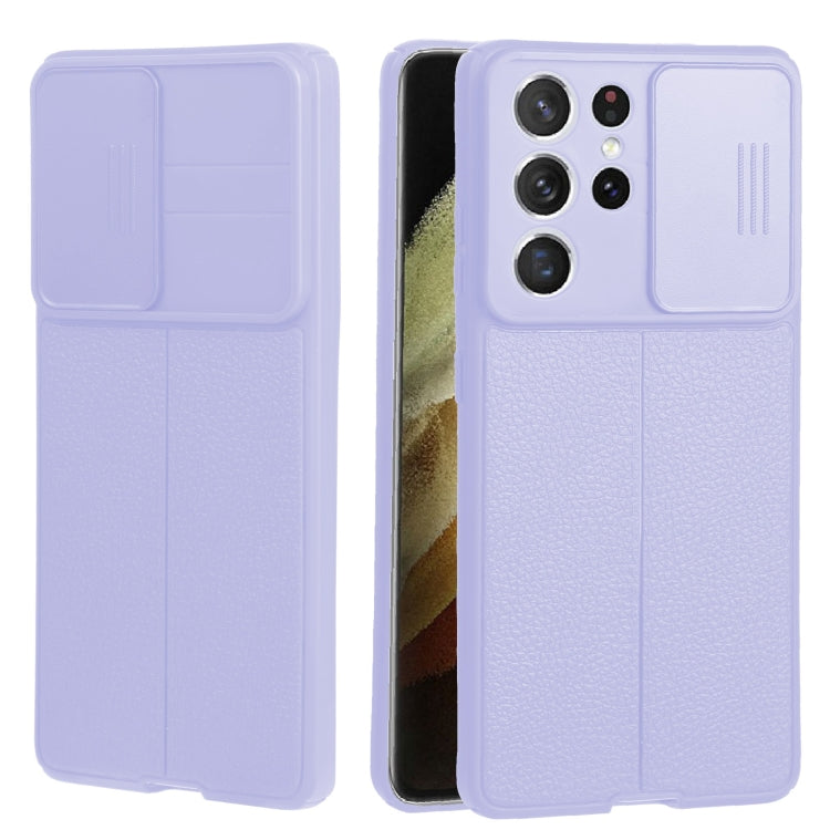 For Samsung Galaxy S21 Ultra 5G Litchi Texture Sliding Camshield TPU Phone Case