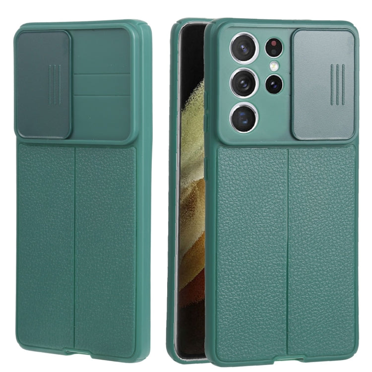 For Samsung Galaxy S21 Ultra 5G Litchi Texture Sliding Camshield TPU Phone Case
