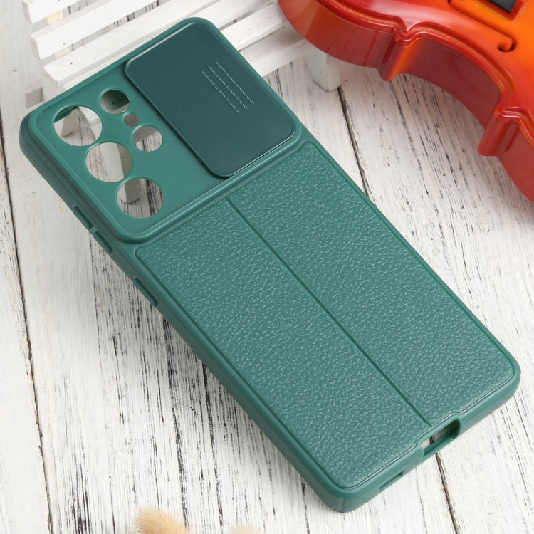 For Samsung Galaxy S21 Ultra 5G Litchi Texture Sliding Camshield TPU Phone Case