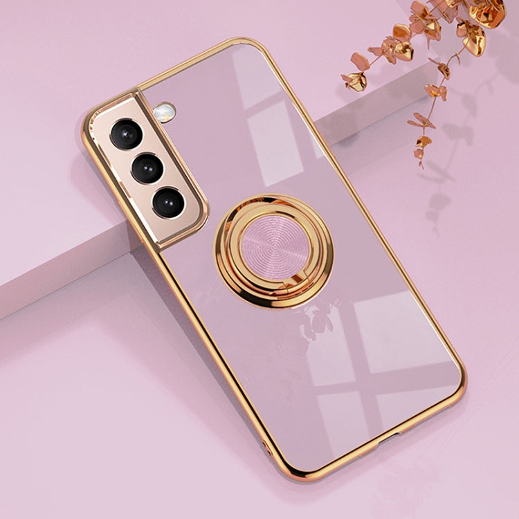 For Samsung Galaxy S22 5G 6D Electroplating Full Coverage Silicone Phone Protective Case with Magnetic Ring Holder