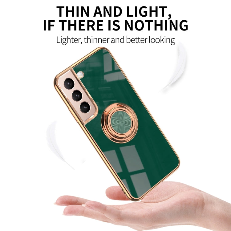 For Samsung Galaxy S22 5G 6D Electroplating Full Coverage Silicone Phone Protective Case with Magnetic Ring Holder