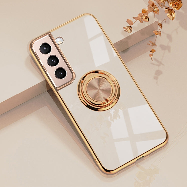 For Samsung Galaxy S22 5G 6D Electroplating Full Coverage Silicone Phone Protective Case with Magnetic Ring Holder