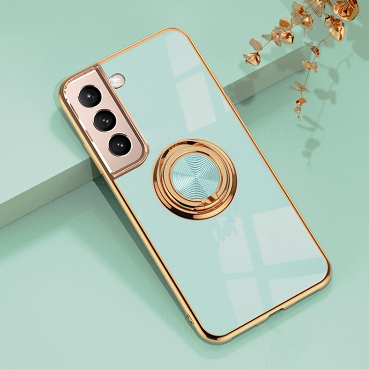 For Samsung Galaxy S22+ 5G 6D Electroplating Full Coverage Silicone Phone Protective Case with Magnetic Ring Holder