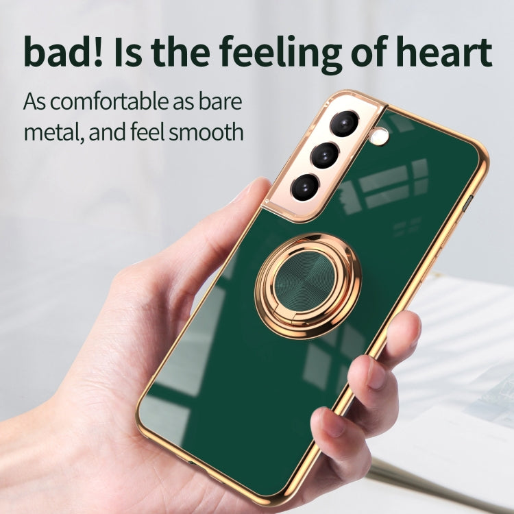 For Samsung Galaxy S22+ 5G 6D Electroplating Full Coverage Silicone Phone Protective Case with Magnetic Ring Holder