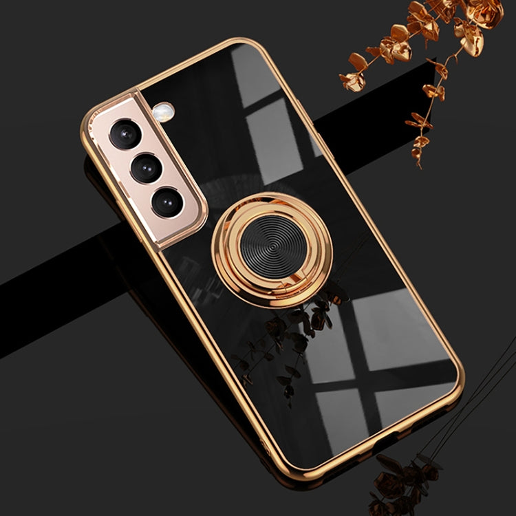 For Samsung Galaxy S22+ 5G 6D Electroplating Full Coverage Silicone Phone Protective Case with Magnetic Ring Holder