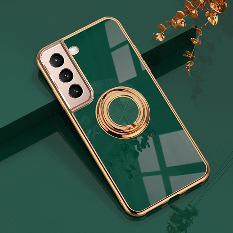 For Samsung Galaxy S22+ 5G 6D Electroplating Full Coverage Silicone Phone Protective Case with Magnetic Ring Holder