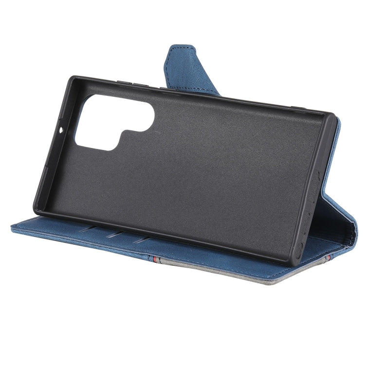 For Samsung Galaxy S22 Ultra 5G Three-color Stitching Calf Texture Horizontal Flip Phone Leather Case with Holder & Card Slots & Wallet