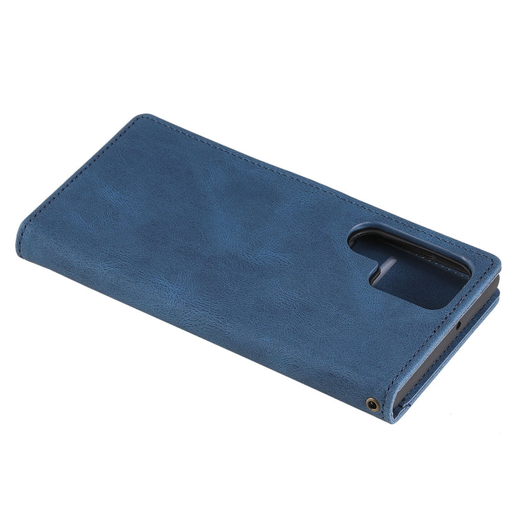 For Samsung Galaxy S22 Ultra 5G Three-color Stitching Calf Texture Horizontal Flip Phone Leather Case with Holder & Card Slots & Wallet
