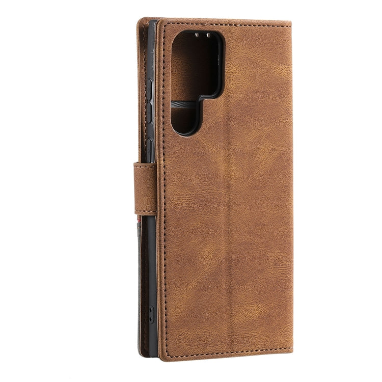 For Samsung Galaxy S22 Ultra 5G Three-color Stitching Calf Texture Horizontal Flip Phone Leather Case with Holder & Card Slots & Wallet