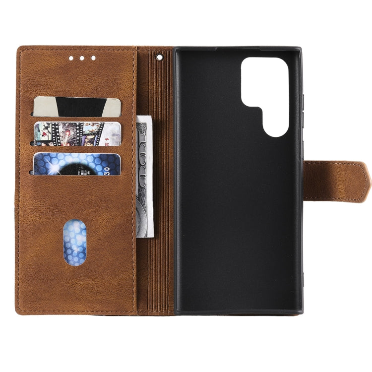 For Samsung Galaxy S22 Ultra 5G Three-color Stitching Calf Texture Horizontal Flip Phone Leather Case with Holder & Card Slots & Wallet