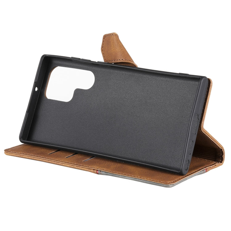 For Samsung Galaxy S22 Ultra 5G Three-color Stitching Calf Texture Horizontal Flip Phone Leather Case with Holder & Card Slots & Wallet
