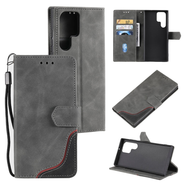 For Samsung Galaxy S22 Ultra 5G Three-color Stitching Calf Texture Horizontal Flip Phone Leather Case with Holder & Card Slots & Wallet