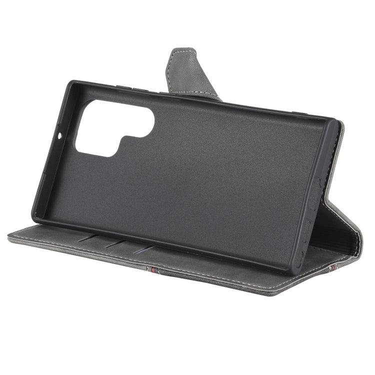 For Samsung Galaxy S22 Ultra 5G Three-color Stitching Calf Texture Horizontal Flip Phone Leather Case with Holder & Card Slots & Wallet