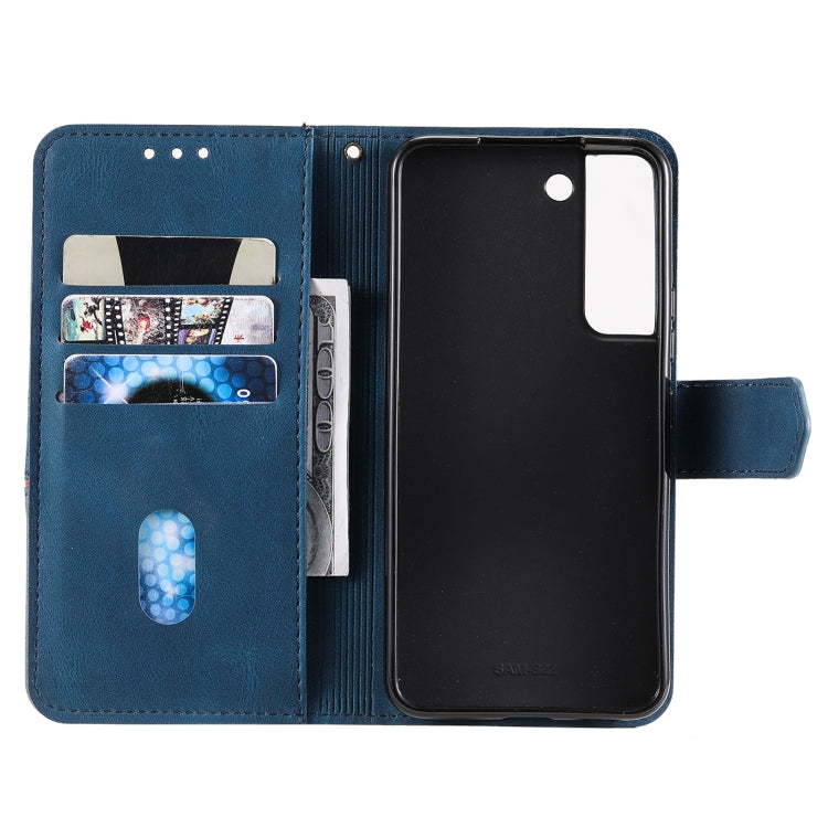 For Samsung Galaxy S22+ 5G Three-color Stitching Calf Texture Horizontal Flip Phone Leather Case with Holder & Card Slots & Wallet