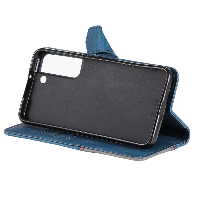 For Samsung Galaxy S22+ 5G Three-color Stitching Calf Texture Horizontal Flip Phone Leather Case with Holder & Card Slots & Wallet