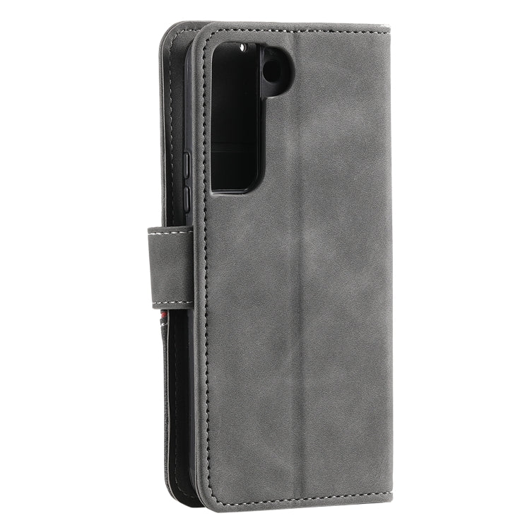 For Samsung Galaxy S22+ 5G Three-color Stitching Calf Texture Horizontal Flip Phone Leather Case with Holder & Card Slots & Wallet
