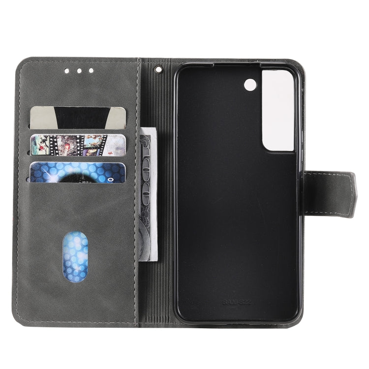 For Samsung Galaxy S22+ 5G Three-color Stitching Calf Texture Horizontal Flip Phone Leather Case with Holder & Card Slots & Wallet