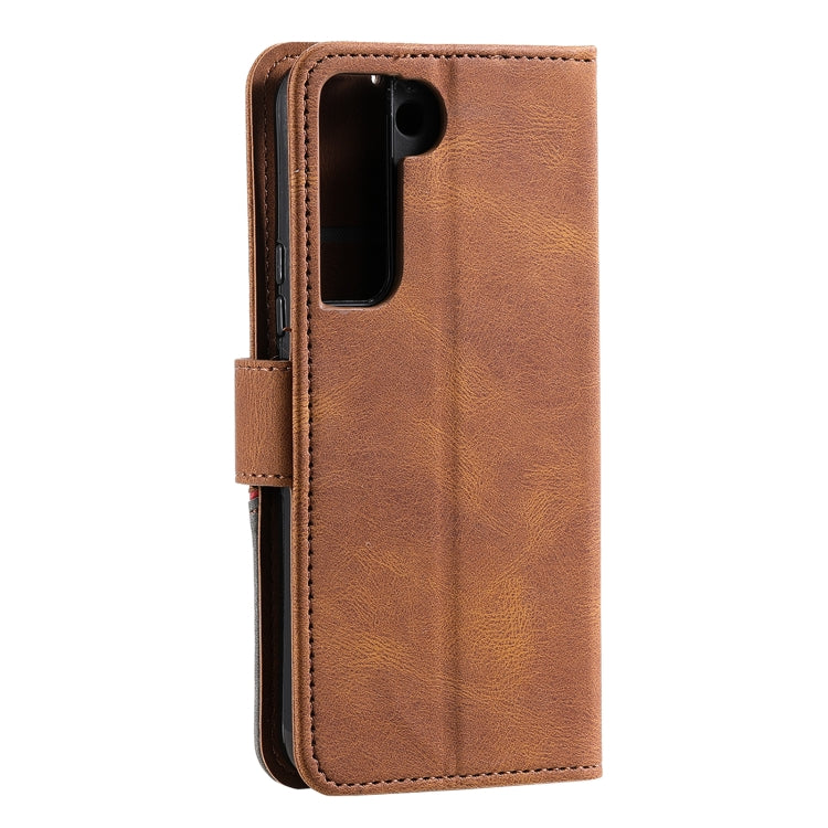 For Samsung Galaxy S22 5G Three-color Stitching Calf Texture Horizontal Flip Phone Leather Case with Holder & Card Slots & Wallet