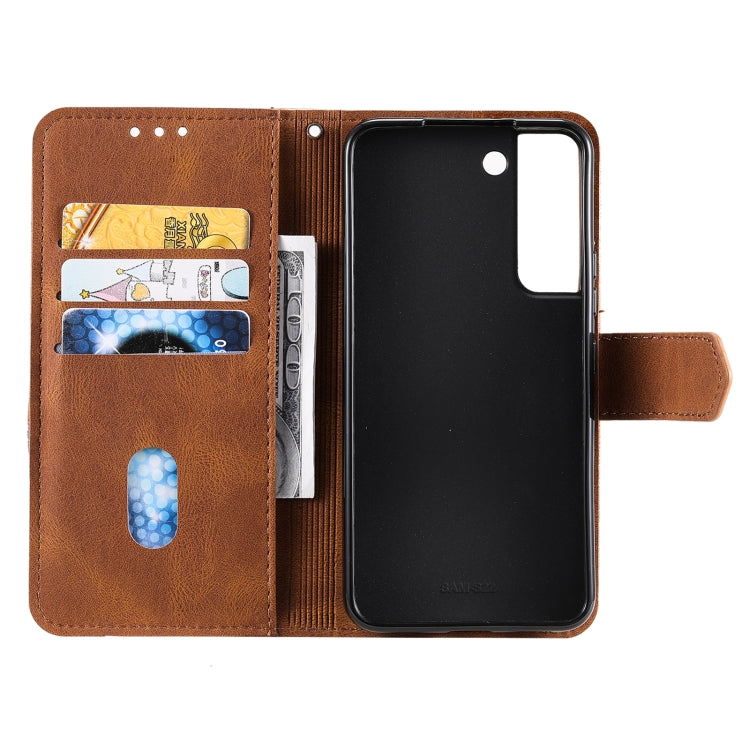 For Samsung Galaxy S22 5G Three-color Stitching Calf Texture Horizontal Flip Phone Leather Case with Holder & Card Slots & Wallet