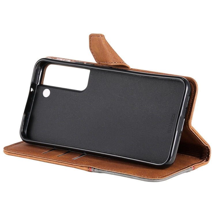 For Samsung Galaxy S22 5G Three-color Stitching Calf Texture Horizontal Flip Phone Leather Case with Holder & Card Slots & Wallet