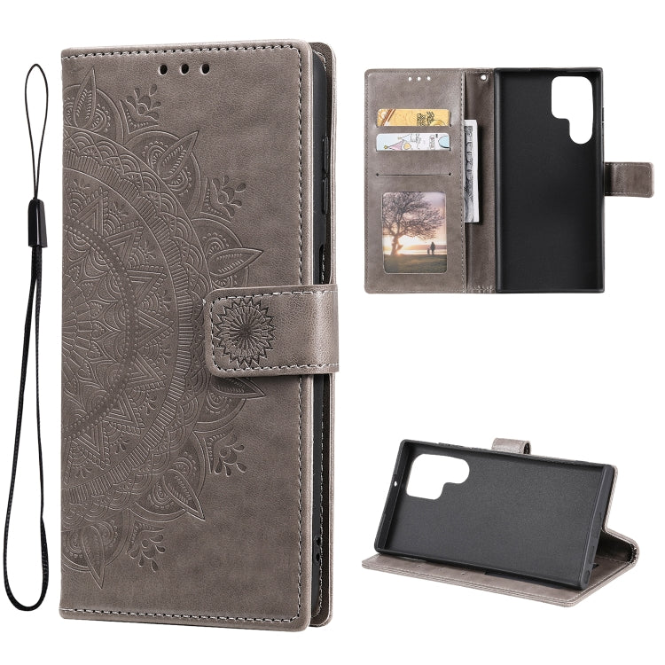 For Samsung Galaxy S22 Ultra 5G Totem Flower Embossed Horizontal Flip Phone Leather Case with Holder & Card Slots & Wallet
