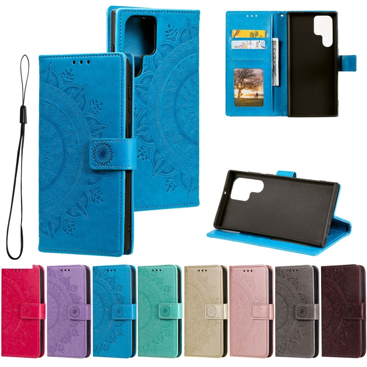 For Samsung Galaxy S22 Ultra 5G Totem Flower Embossed Horizontal Flip Phone Leather Case with Holder & Card Slots & Wallet