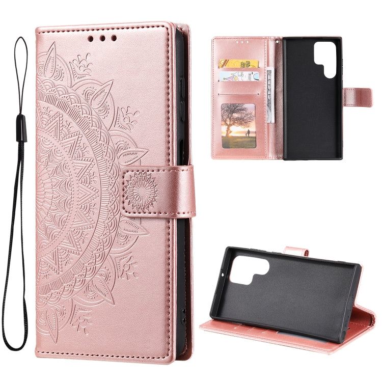 For Samsung Galaxy S22 Ultra 5G Totem Flower Embossed Horizontal Flip Phone Leather Case with Holder & Card Slots & Wallet