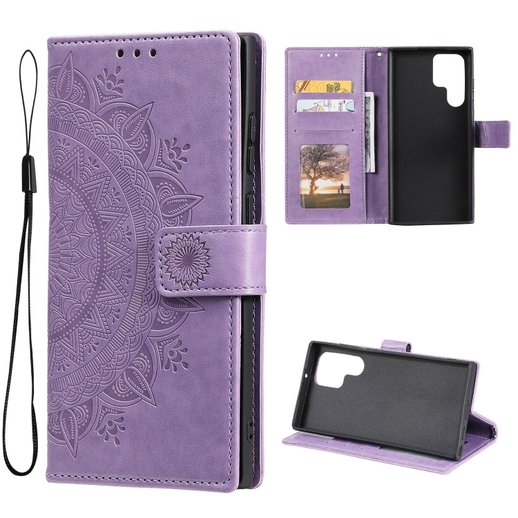 For Samsung Galaxy S22 Ultra 5G Totem Flower Embossed Horizontal Flip Phone Leather Case with Holder & Card Slots & Wallet