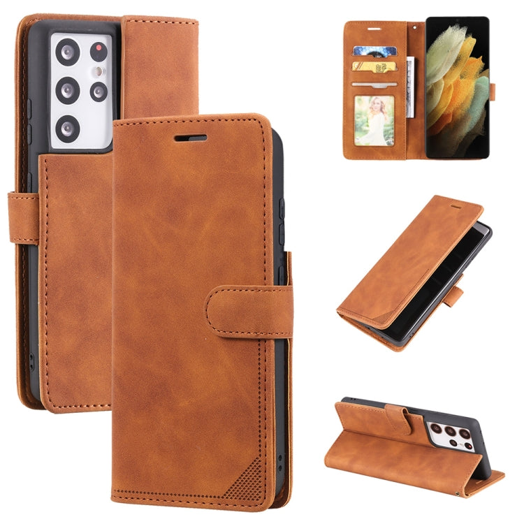 For Samsung Galaxy S21 Ultra 5G Skin Feel Anti-theft Brush Horizontal Flip Leather Phone Case