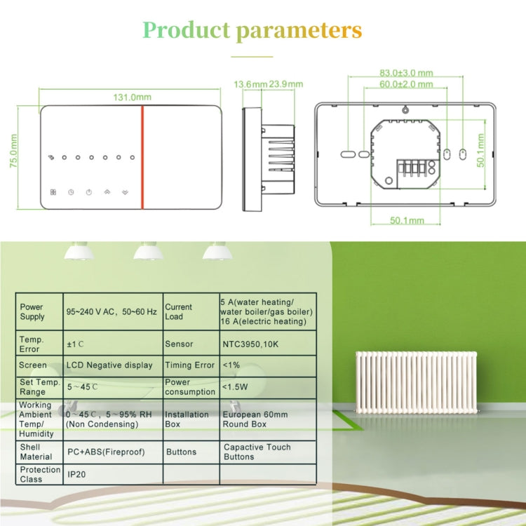 BHT-005-GBLW 220V AC 16A Smart Home Heating Thermostat for EU Box, Control Electric Heating with Only Internal Sensor & WIFI Connection