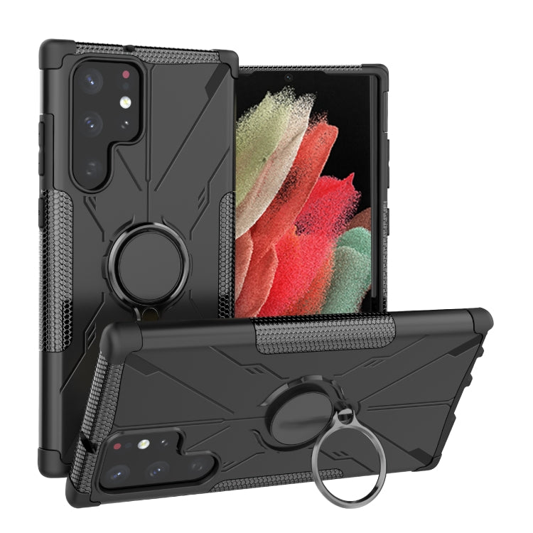 For Samsung Galaxy S22 Ultra 5G Armor Bear Shockproof PC + TPU Phone Case with Ring Holder
