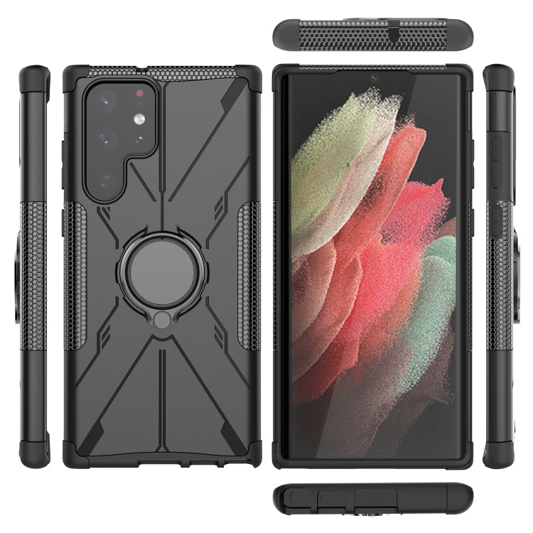 For Samsung Galaxy S22 Ultra 5G Armor Bear Shockproof PC + TPU Phone Case with Ring Holder