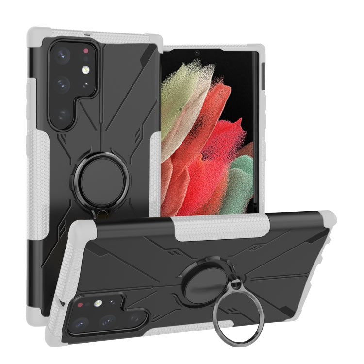 For Samsung Galaxy S22 Ultra 5G Armor Bear Shockproof PC + TPU Phone Case with Ring Holder