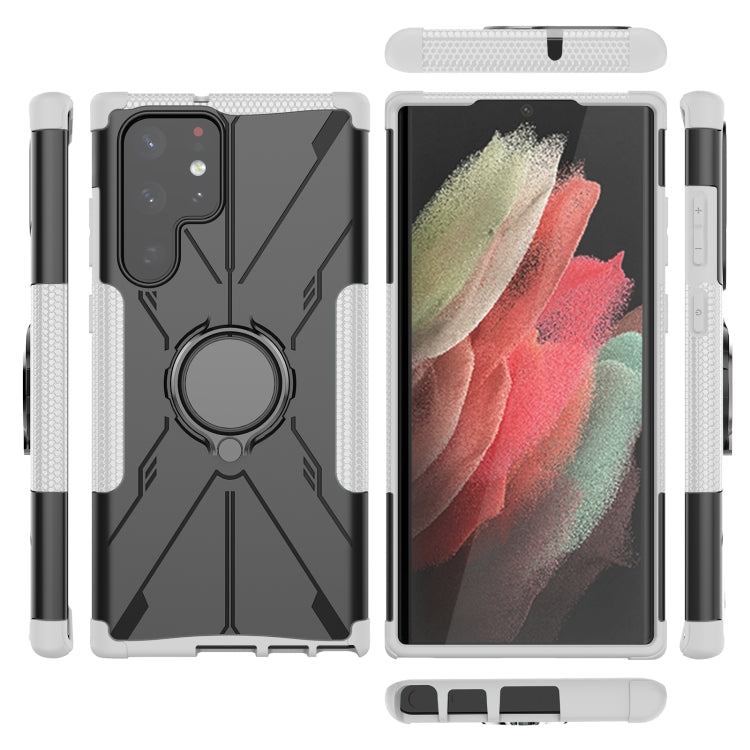 For Samsung Galaxy S22 Ultra 5G Armor Bear Shockproof PC + TPU Phone Case with Ring Holder