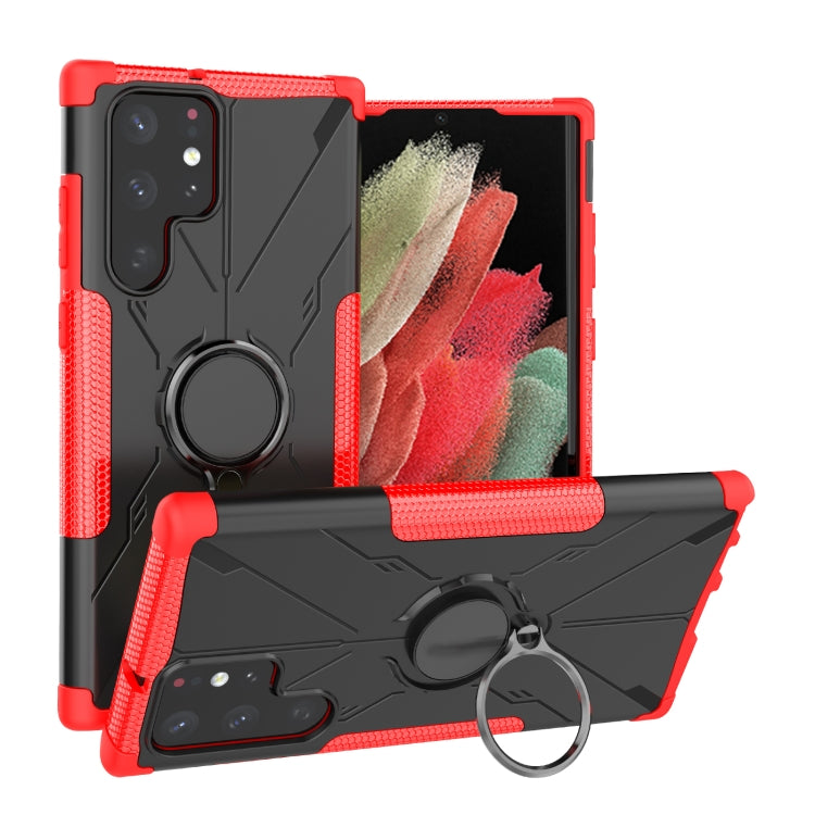 For Samsung Galaxy S22 Ultra 5G Armor Bear Shockproof PC + TPU Phone Case with Ring Holder